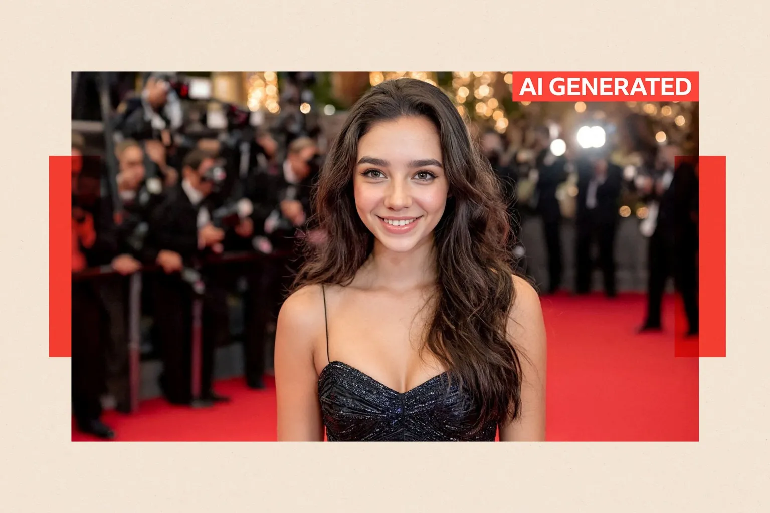 An AI-generated image of Tilly Norwood on a red carpet