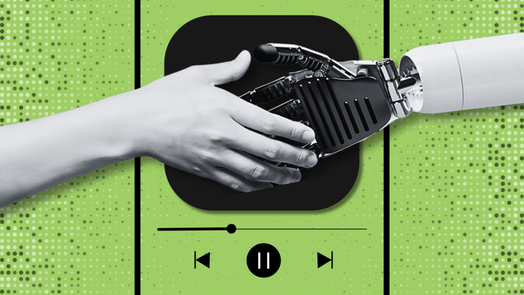 A human hand and a robotic hand shake over a player interface
