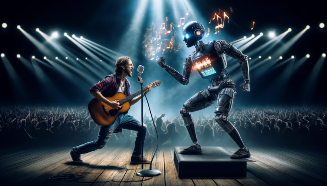 A human guitarist and a robot face off on stage