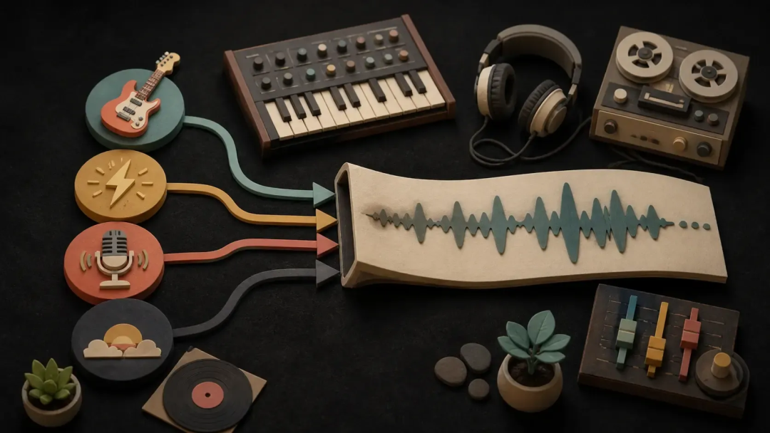 Different sound sources converge into a single waveform — the listener only ever receives the result
