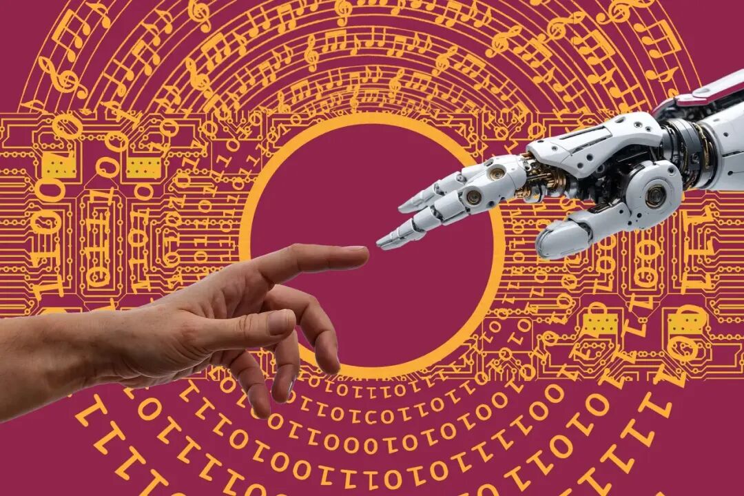 A human hand and a robotic hand reach toward each other across circuitry and musical notes