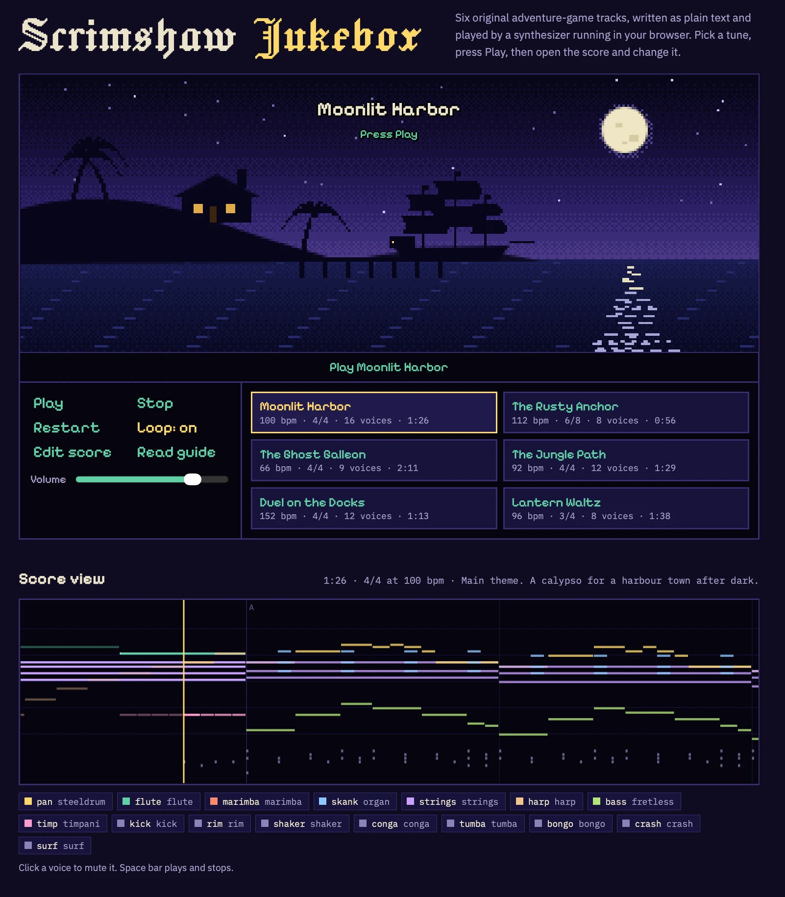 Scrimshaw Jukebox: a pixel-art night harbor above a six-track list and a piano-roll view of "Moonlit Harbor", a 16-voice calypso at 100 bpm