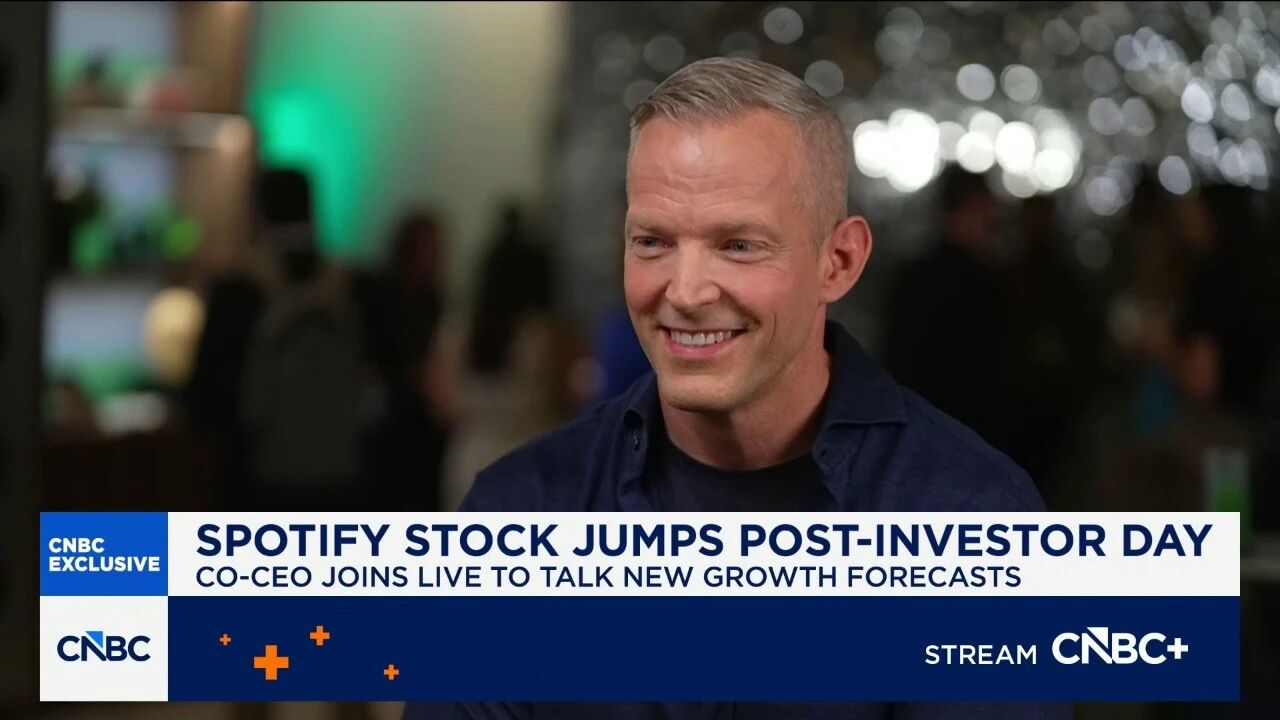 CNBC's exclusive interview with Spotify's co-CEO as the stock rose after Investor Day